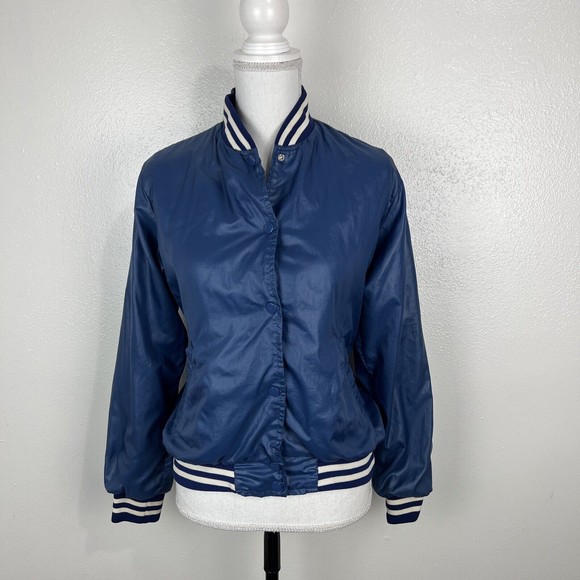 Vintage Changing Scene Jacket Women Large Blue White Varsity Button Up Juniors - Picture 15 of 15